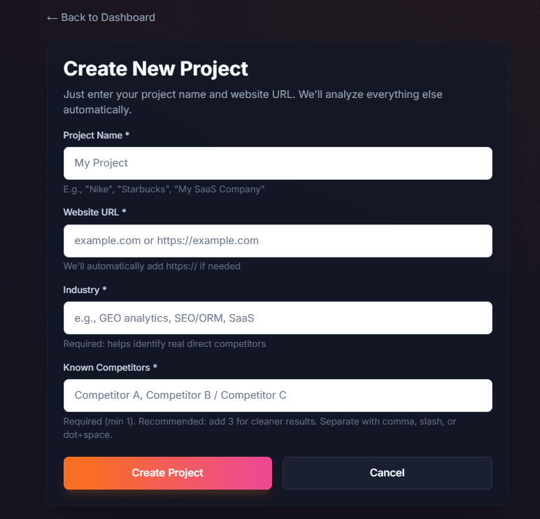 Create New Project modal