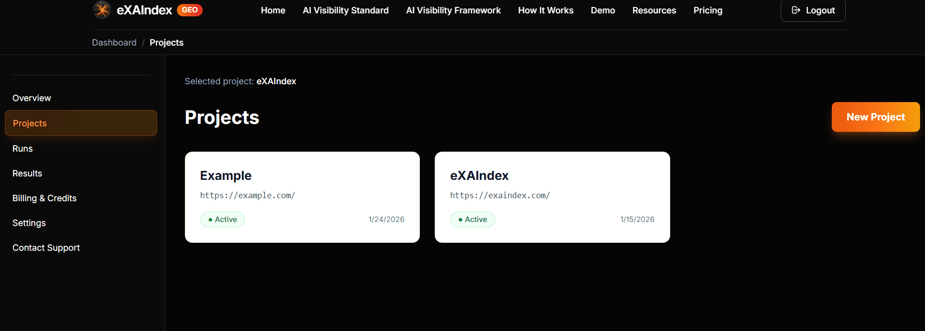 Projects list with cards